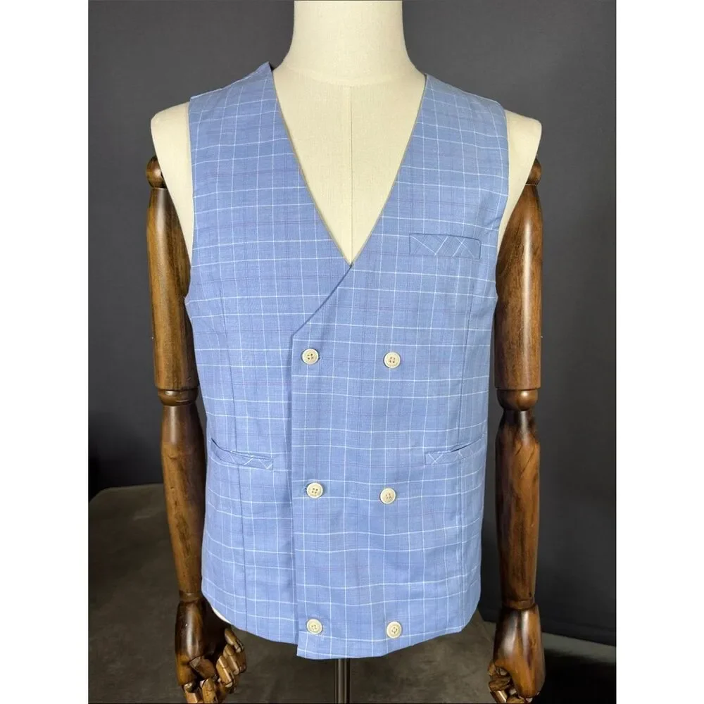 Men’s Light Blue Windowpane Double-Breasted Vest V-Neck Size 36 NWOT